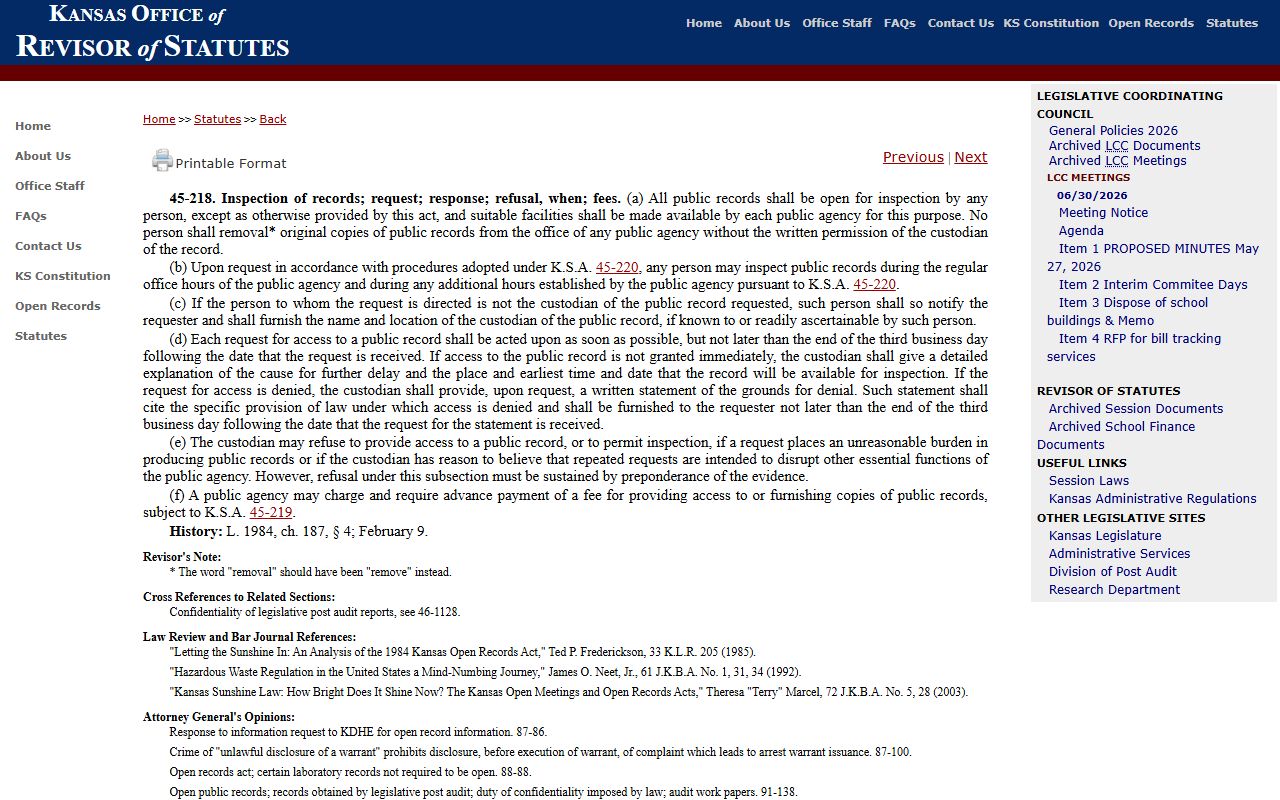 Kiowa County Clerk of the District Court public record inspection statute