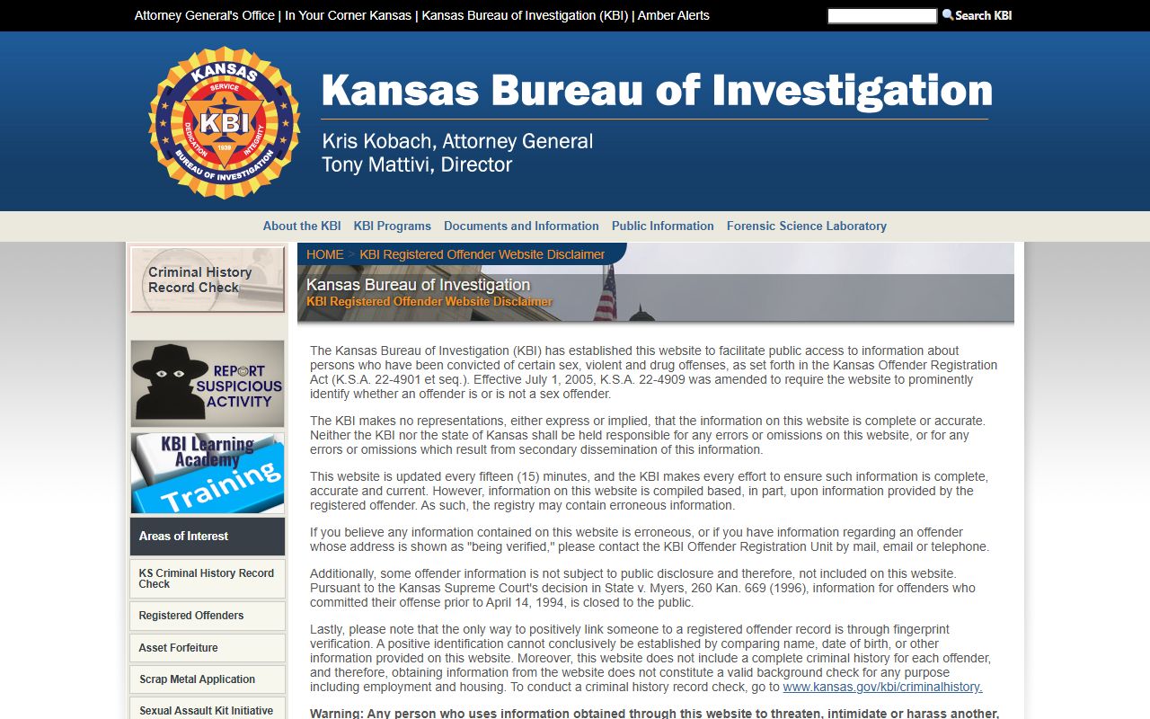 Kiowa County criminal court records KBI registered offender registry source