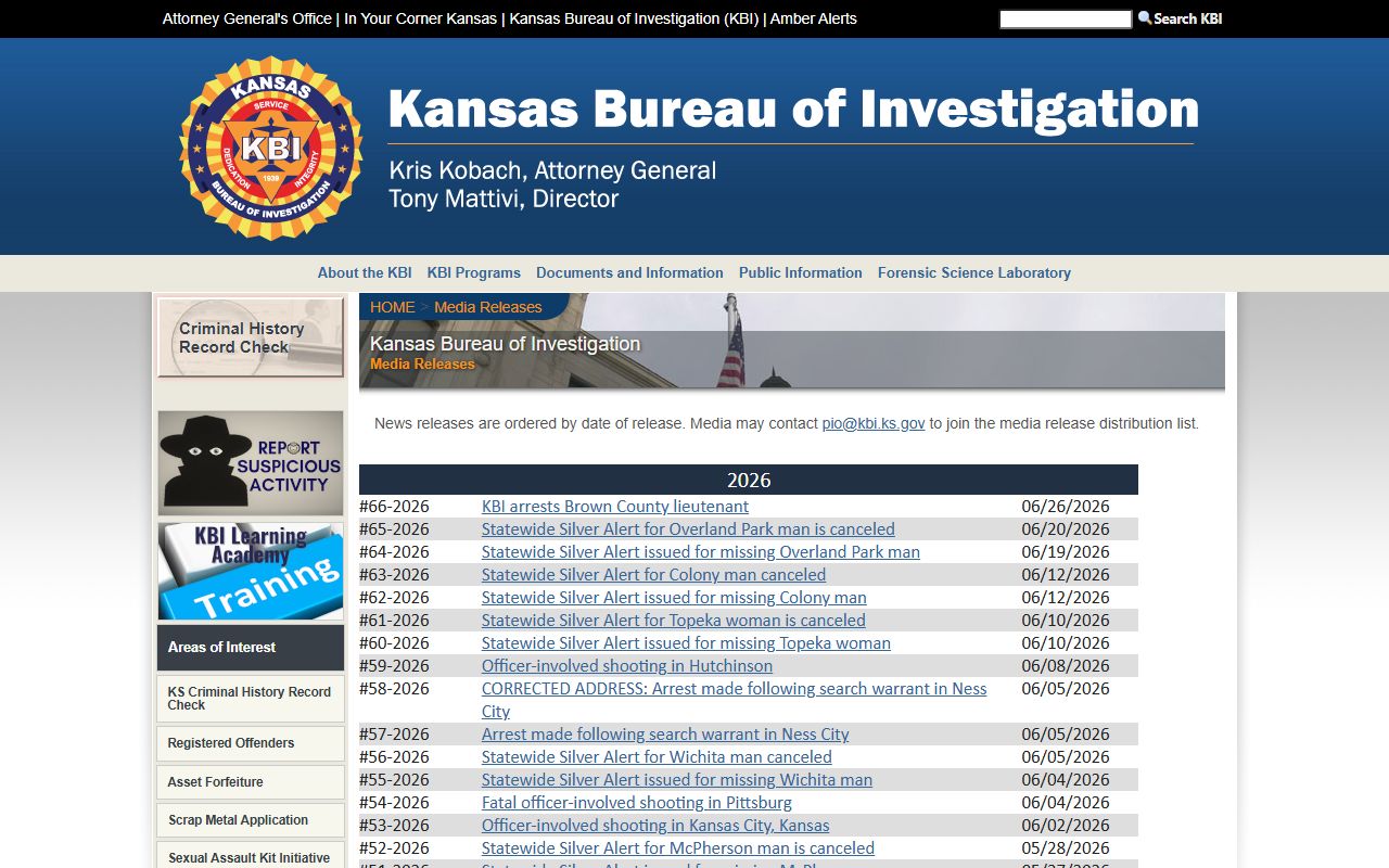 Kiowa County criminal court records KBI media release index source