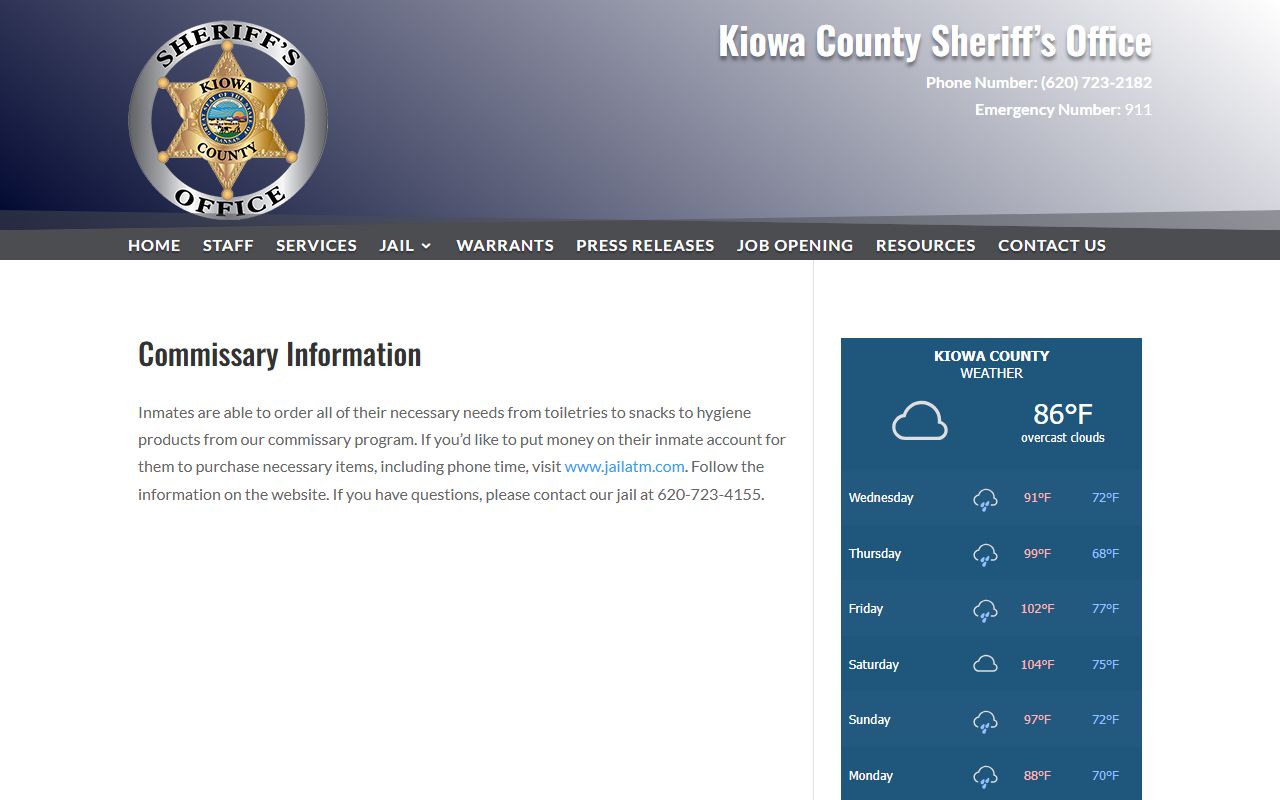 Kiowa County inmate search commissary source