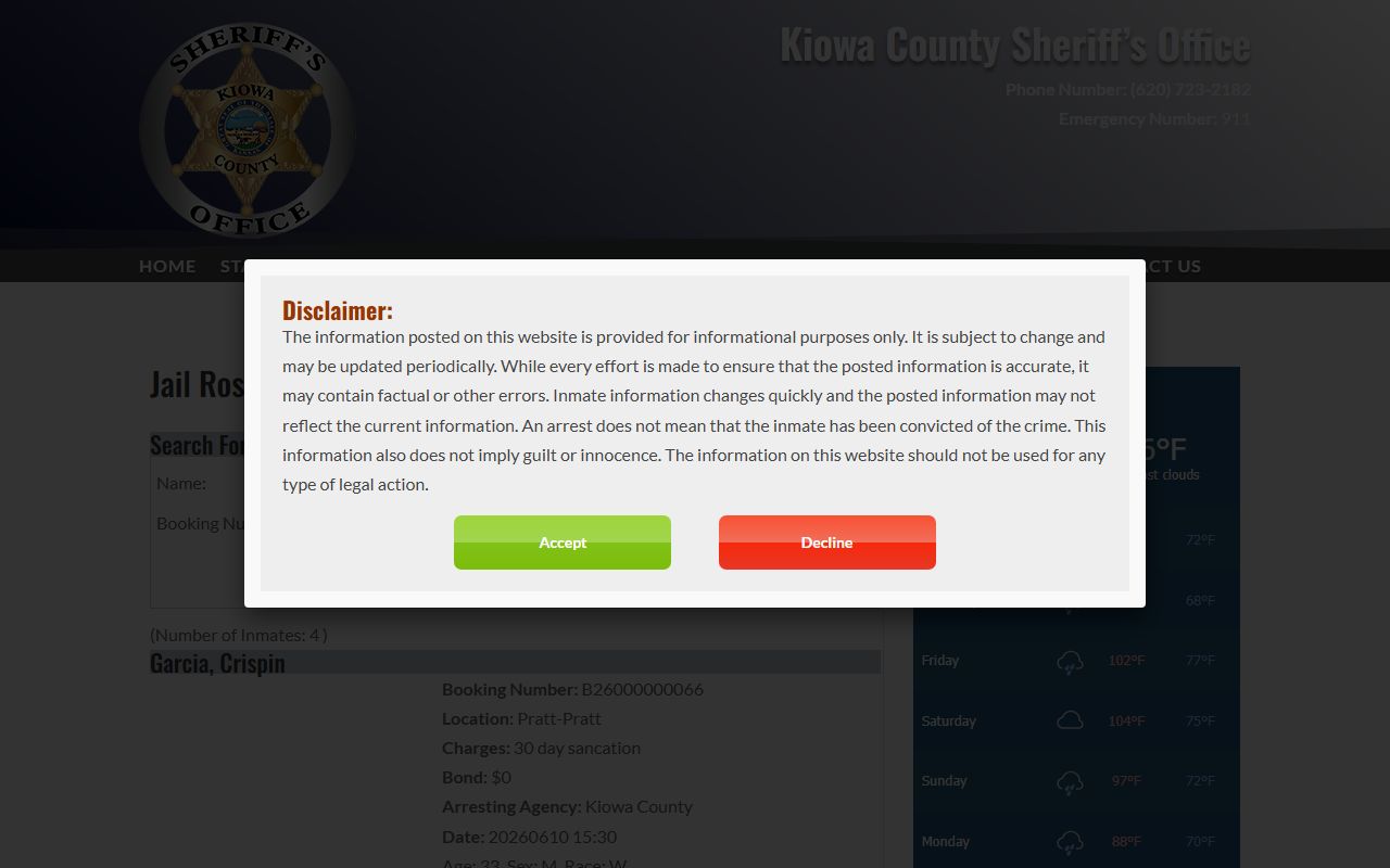 Kiowa County inmate search jail roster source