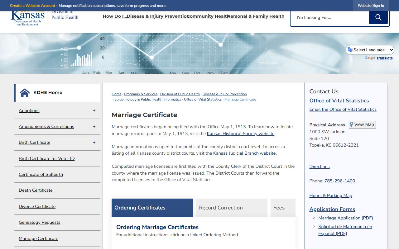 Kiowa County marriage records KDHE marriage certificate ordering