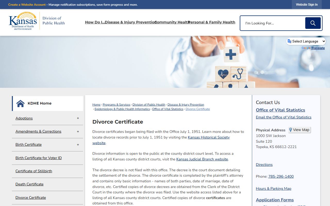 Kiowa County divorce records KDHE divorce certificate ordering